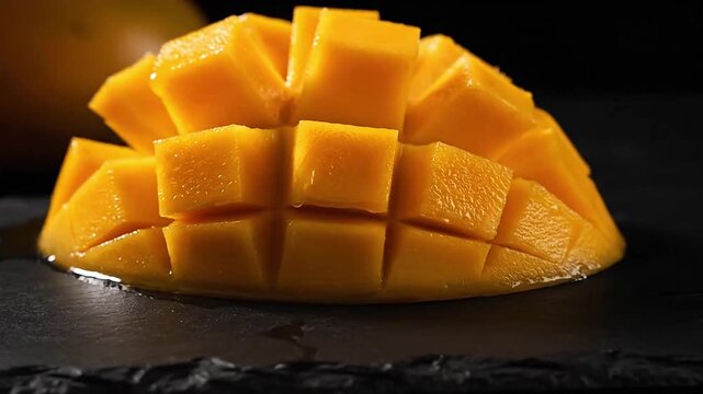 Juicy golden mango cubes cut in a cross-hatch pattern on a dramatic dark background