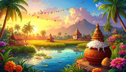 Vibrant Southeast Asian Village Scene At Sunset With Palm Trees Colorful Flowers And A Decorative Pot