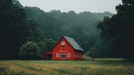 A bold red barn in a green field, vintage Americana aesthetic
