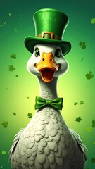 Whimsical Duck Character Wearing A Green Top Hat And Bow Tie With Clovers Background