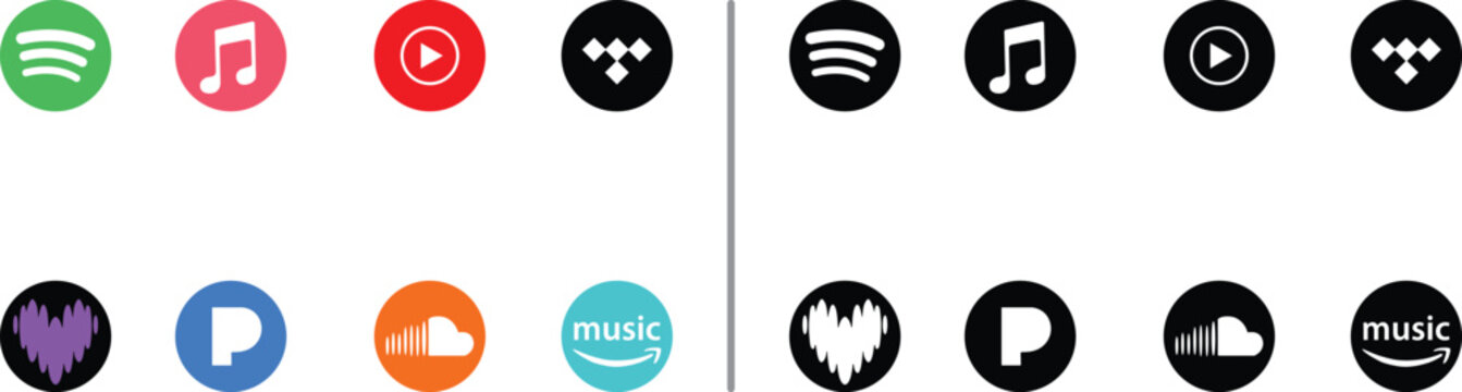 Music Streaming App Icons Vector Set in Color and Black and White