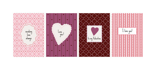 Set of valentines day greeting card collection with pink and purple romantic patterns. Heart frames, and love messages