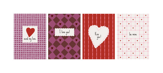 Set of valentines day greeting card collection with pink and purple romantic patterns. Heart frames, and love messages