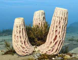 Three large, porous, cylindrical sponges grow on a sandy seabed. Their exteriors are textured, and a small plant grows between them