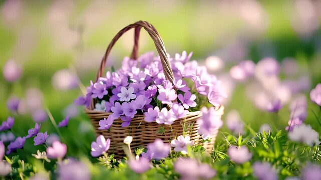 Spring booming. Life. New hope. Season. A closeup of a basket filled with purple flowers on a grassy field. The flowers are vibrant and appear to be in full bloom.