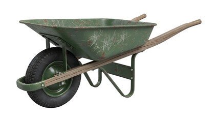 Weathered Green Metal Wheelbarrow with Wooden Handles for Gardening Isolated on White