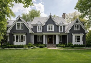 Elegant Grey Home Exterior with Lush Lawn and Architectural Detail on a Sunny Day