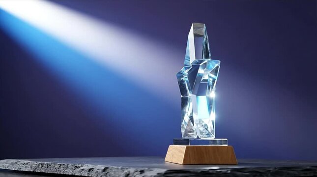 Elegant Modern Crystal Award Trophy, Abstract Design with Blue Spotlight Illumination on Dark Background, Symbolizing Achievement, Success, and Exc...