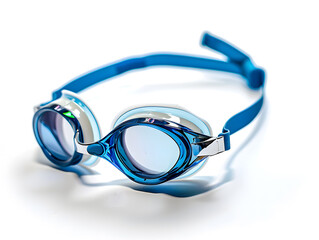 Blue swimming goggles with reflective lenses and a light blue strap on a clean white background