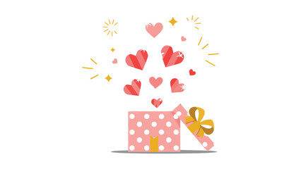 Whimsical Illustration of a Polka Dot Gift Box Opening to Release Sparkling Hearts