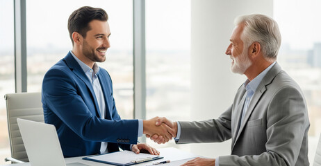 Fototapeta premium Business people shaking hands in office celebrating a successful partnership agreement