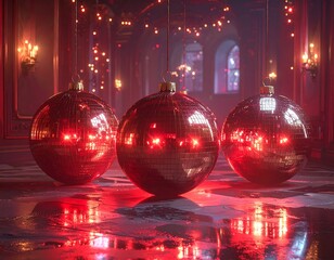 Three large, red, mirrored spheres reflect ambient light in an ornate room with subtle garlands. Their reflections add warmth and charm