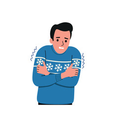 Cold Man Character Feeling Freezing Winter Weather. Vector flat  cartoon illustration