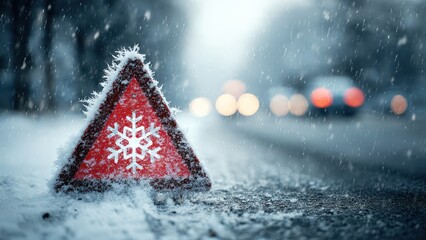 A snow hazard warning sign stands in a snowy landscape, indicating caution for drivers in winter conditions