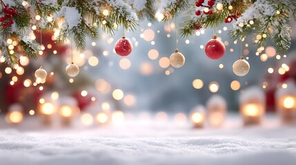 Close up of snow dusted evergreen branches decorated with traditional red and gold baubles and fairy lights offering a magical cozy winter holiday atmosphere with soft