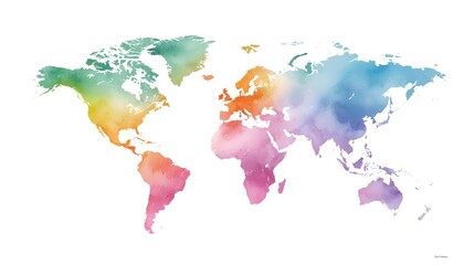A stylized world map depicted with a flowing watercolor wash featuring a vibrant spectrum of colors across continents and oceans ideal for global themes