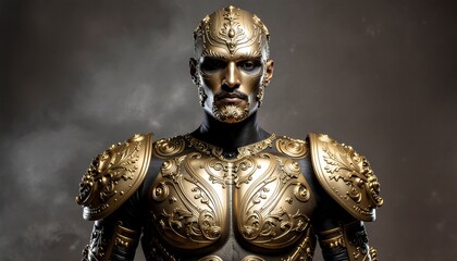 A conceptual portrait of a futuristic or fantasy knight wearing detailed golden armor and a faceplate.