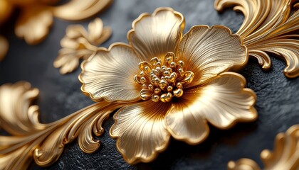 An artistic sculpture of a blooming rose made entirely of polished gold with delicate petal details.
