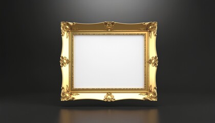 A rectangular, ornate golden picture frame with a white empty center, isolated against a dark background.