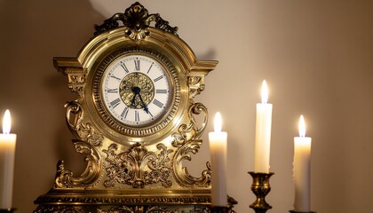 An elegant antique gold clock sitting on a desk next to a lit white candle, creating a warm atmosphere.