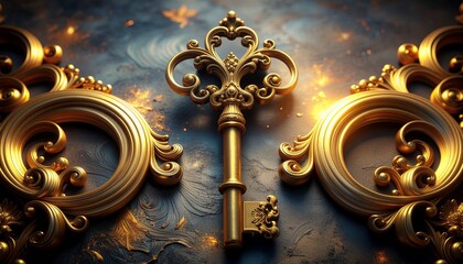 An antique-style golden key with a highly decorative, ornate bow and glowing magical light effects.
