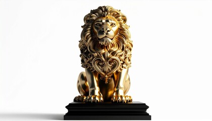 A detailed golden sculpture of a sitting lion, symbolizing strength and nobility, with intricate decorative patterns.