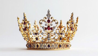 A magnificent royal crown crafted from gold and encrusted with large red rubies and white diamonds.