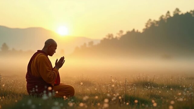 A Buddhist monk praying in a field at sunrise. Man meditating in a misty landscape with golden light. Spirituality and faith concept with copy space