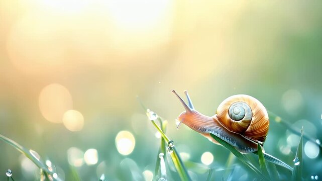 Spring booming. Life. New hope. Season. A closeup of a snail on a blade of grass with dewdrops. The snails shell is a rich brown with a spiral pattern.