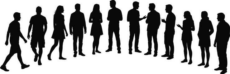 Silhouette group interaction, diverse postures, social gesture, black figures, white background, communication icon, vector illustration, design element