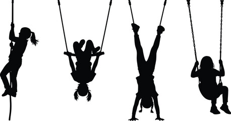 Silhouette of active children playing on ropes and swings at playground, showcasing fun physical activity and outdoor childhood movement scene © Eyaruna's World