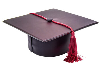 A black graduation cap with garnet tassel and flat square top, isolated on white background.png