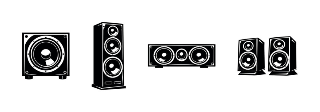 Audio speaker vector icons set: flat, black, sound system equipment symbols