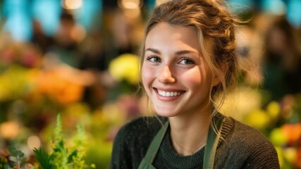 Young woman smiling while attending flower arranging workshop, cultural lifestyle activity