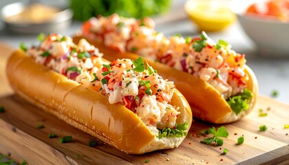 Three lobster rolls with diced seafood and herbs rest on a wooden cutting board, close-up with fresh ingredients