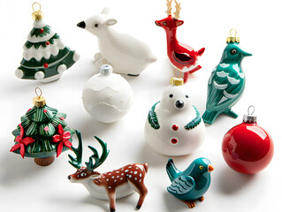 Christmas tree, snowman, reindeer and bird ornaments for festive decor