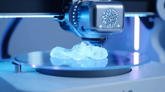 Close-up of a 3D printer creating a complex, translucent object with precision.