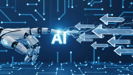 Robot hand is reaching out to touch a word that says AI