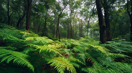 Lush Ferns  Towering Trees Serene Forest Landscape with Tranquil Nature Scene.