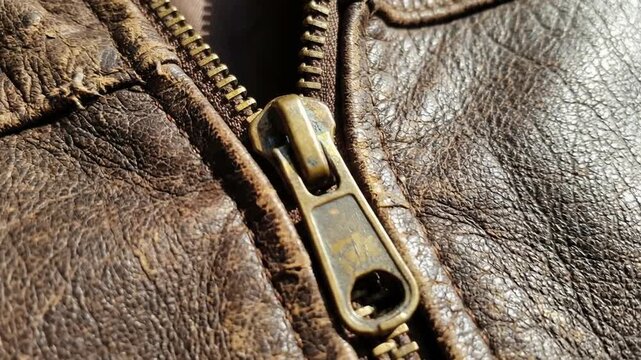 Closeup tactile fashion details zipper on brown leather jacket showing textured surface and worn metal parts in natural light