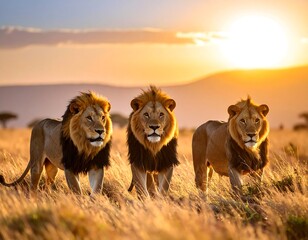 Three magnificent male felines stand proudly in golden light, their manes glowing against a vibrant sunset over the African savanna