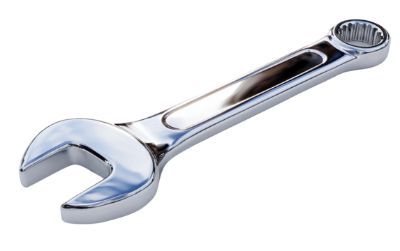 Modern wrench with sleek metallic design and realistic reflections emphasizing durability and technical precision isolated on transparent background PNG - Powered by Adobe