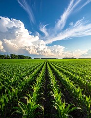 Rows of Young Corn Plants Under a Cloudy Blue Sky.