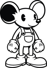 Obraz premium a charming black and white illustration depicts a cartoon mouse character wearing overalls and large shoes a playful design high quality