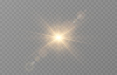 Vector realistic light PNG. Sun with rays and glare PNG. Sunlight or dawn on transparent background. Golden light.