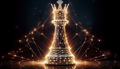 a stylized queen chess piece stands against a black background it appears to be constructed from glowing digital lines and points of light