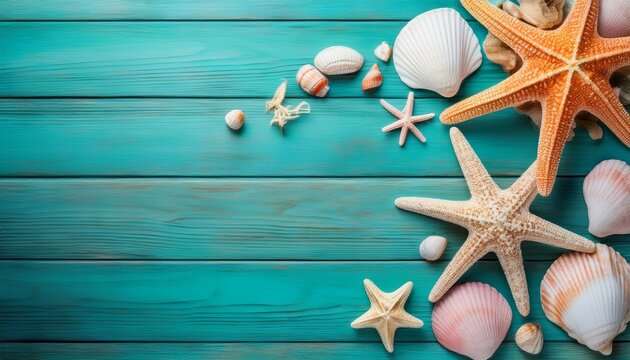 starfish and seashells on turquoise wooden background summer theme with copy space