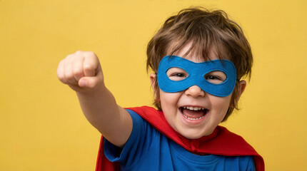 Child dressed as a superhero with a blue mask and red cape, smiling and showing a fist, standing against a yellow background