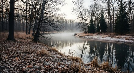 Misty river scene in a tranquil forest with reflections on water