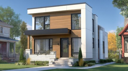 Fototapeta premium Modern Two-Story Home Exterior Featuring Clean Lines, Contemporary Design, and Energy-Efficient Windows on a Sunny Day